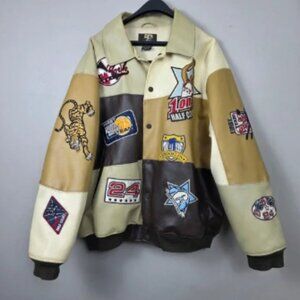 Raw Blue Y2K Mens Patches Bomber Jacket Sports Varsity Style 2XL